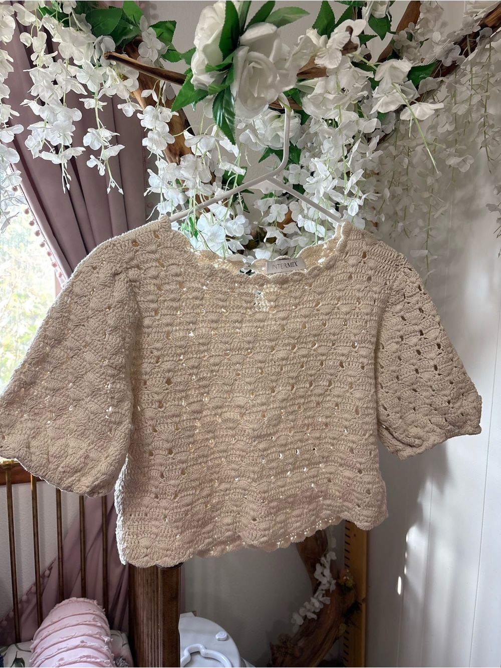 Intermix Cream Crochet 100% Cotton Short-Sleeve Knit Top